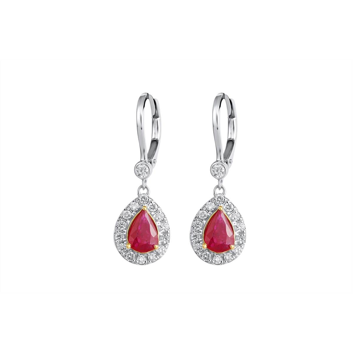 14K White and Yellow Gold Pear Ruby with Diamond Halo Dangle Earrings