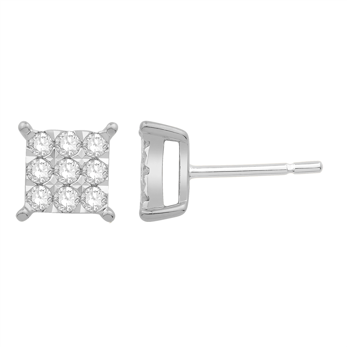 14K White Gold Cluster Diamond Earrings, Square