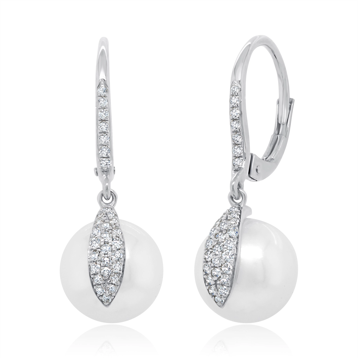 14K White Gold Cultured Pearl Dangle Earrings with Diamonds