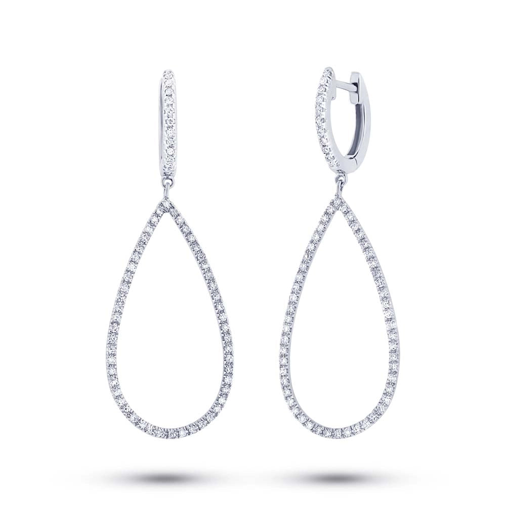 14K White Gold Diamond Open Pear Shaped Dangle Earrings