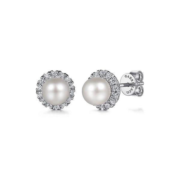 14K White Gold Pearl and Diamond Earrings