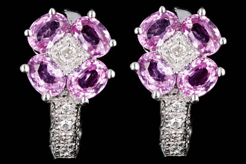 14K White Gold Pink Sapphire & Diamond Flower Earrings