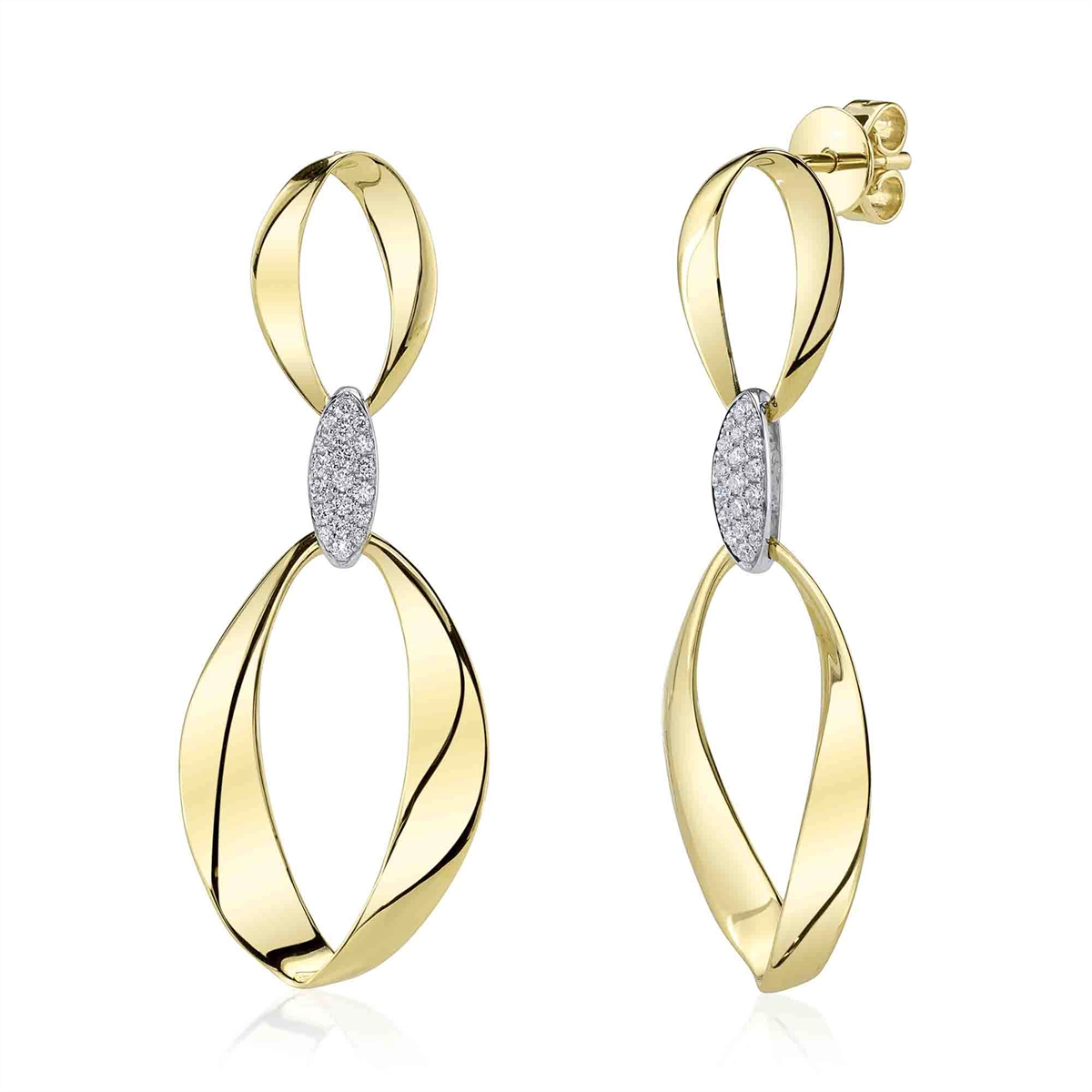 14K Yellow Gold Elongated Oval Dangle Earrings with White Gold Diamond Connector