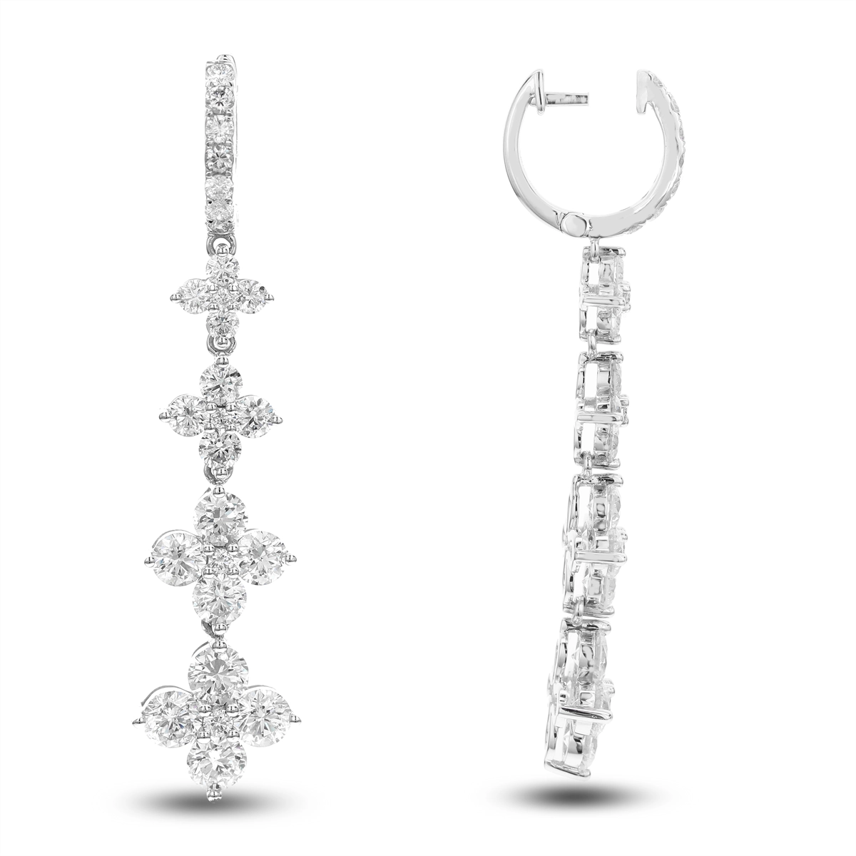 18K White Gold Diamond Flower Dangle Earrings