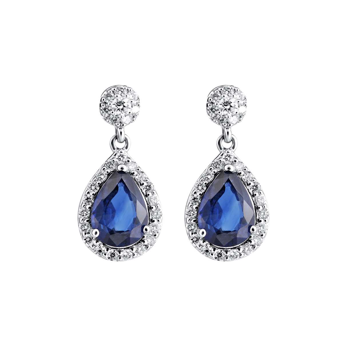 18K White Gold Pear Sapphire with Diamond Halo Dangle Earrings