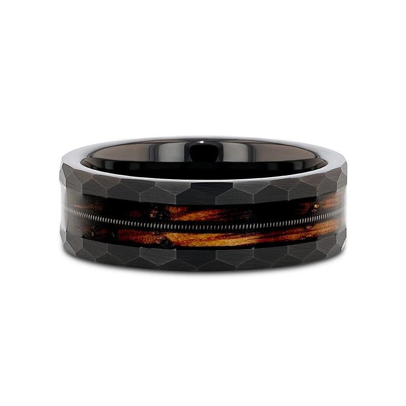 Black Tungsten Band with Charred Whiskey Barrel and Guitar