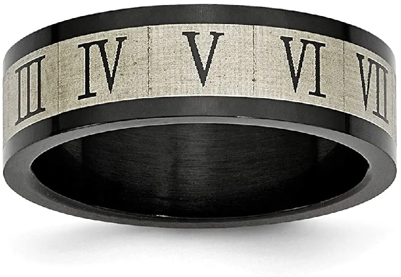 Brushed Stainless Steel, Black IP 7mm Roman Numeral Comfort-Fit Flat Band, Size 8.5