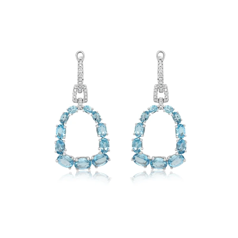 Diamond and Blue Topaz Hanging Doorknocker Earrings