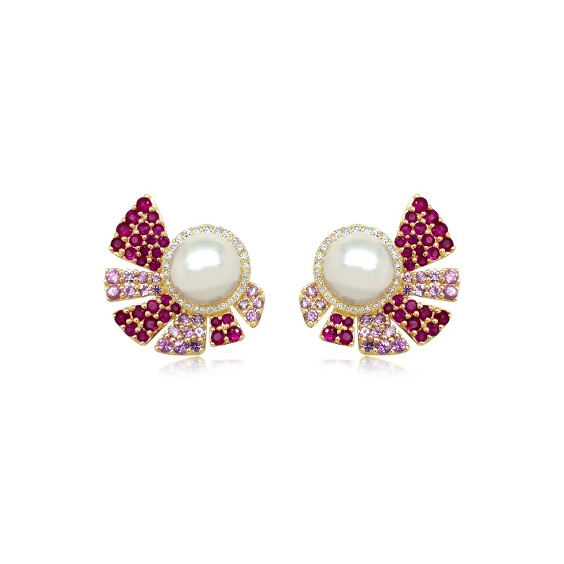 Fanned Ruby and Pink Sapphire Earrings With Diamond and Pearl Center