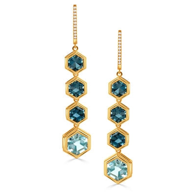 Doves 18K Yellow Gold Blue Topaz and Diamond Dangle Earrings