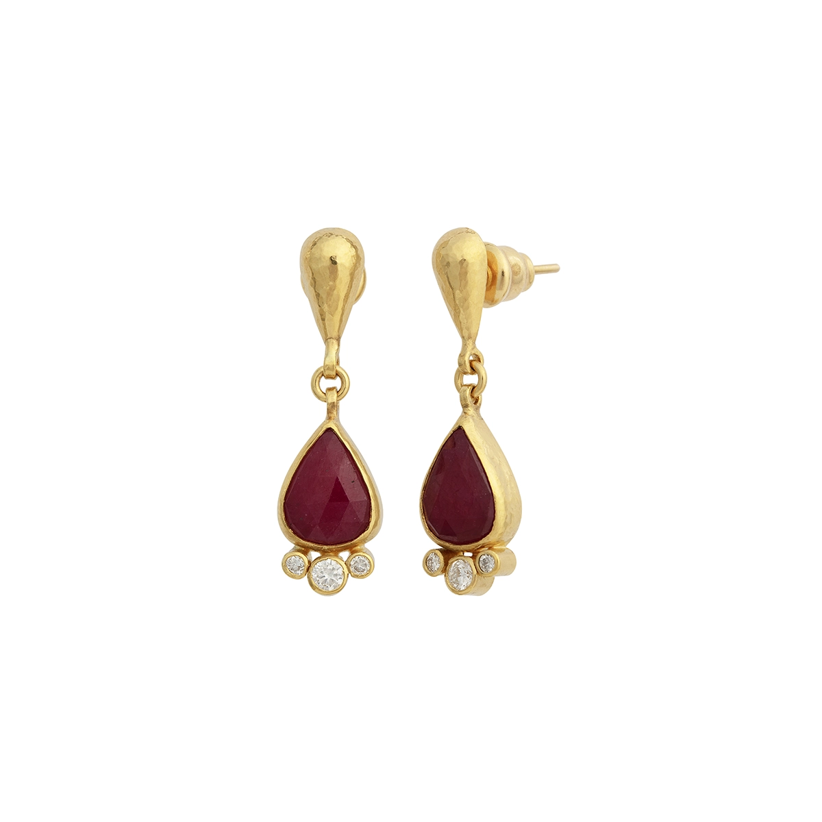 Gurhan One-of-a-Kind 24K Yellow Gold Rose Cut Ruby amd Round Diamond Dangle Earrings with 18K Post And Vermeil Push Backs