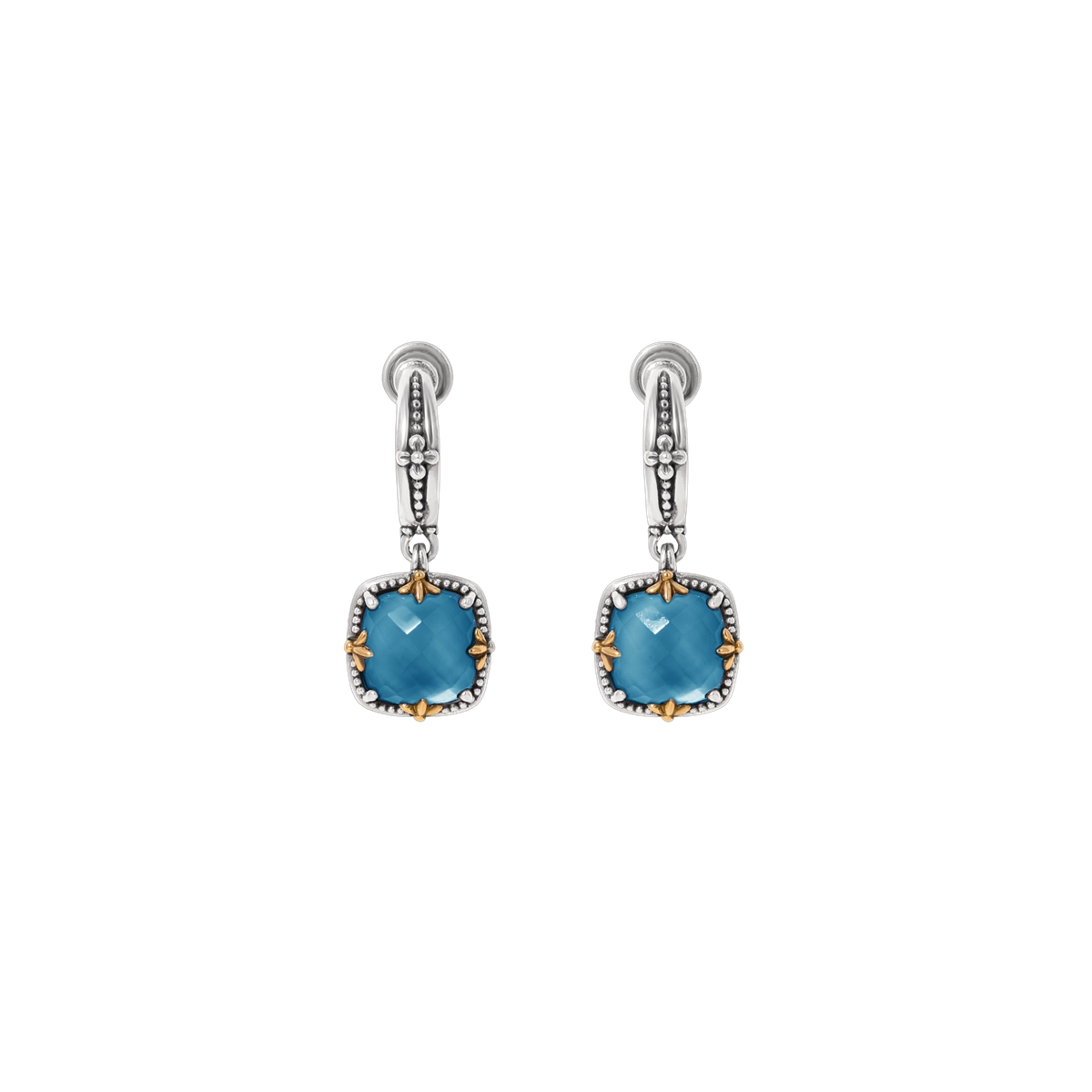 Konstantino Sterling Silver and 18K Yellow Gold Cushion Blue Marine Spinel Doublet Dangle Earrings