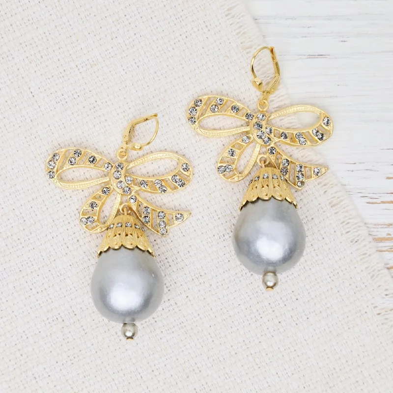 Grey Glass Pearl and Bow Earrings