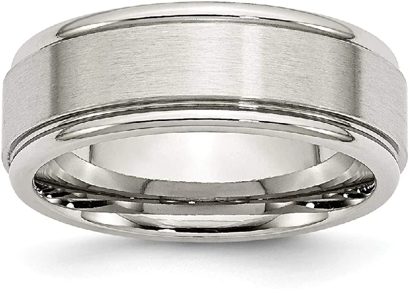 Men's Classic Brushed Stainless Steel, Ridged Edge 8mm Comfort-Fit Flat Band