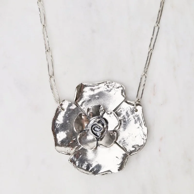 Large Petal Rose on Long Oval Chain Necklace