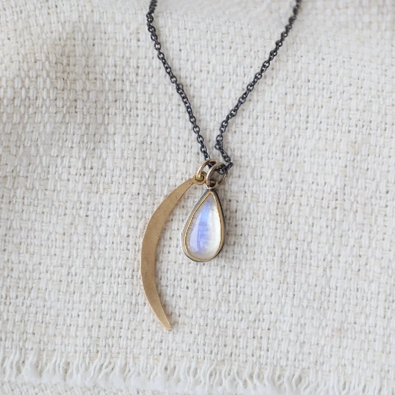 22k Bezel Set Moonstone & Crescent Moon Necklace