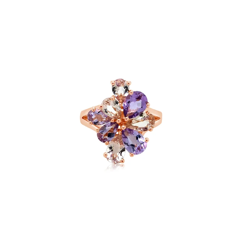 Pear Shape Amethyst and Morganite Flower Ring