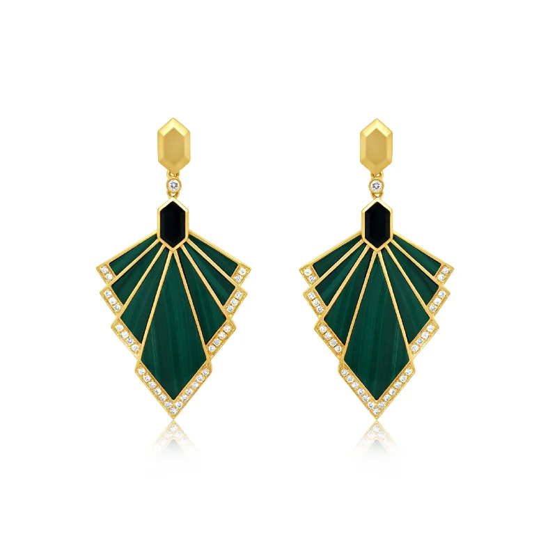 Satin Finish Malachite Fan Earrings With Diamond and Onyx - Doves by Doron Paloma