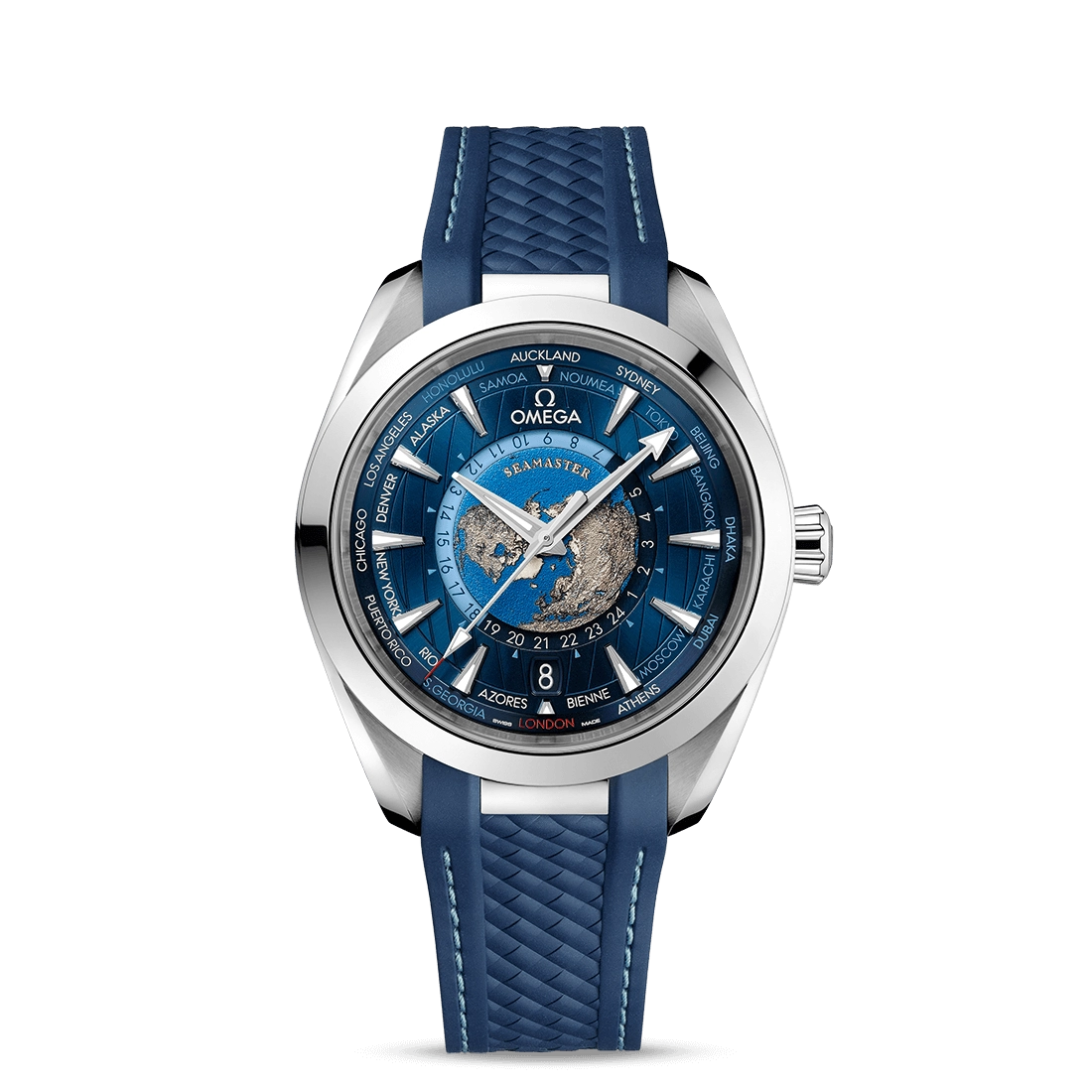 Seamaster Aqua Terra 150M. Steel case. Blue dial. GMT Worldtimer. Blue rubber strap. 43mm.