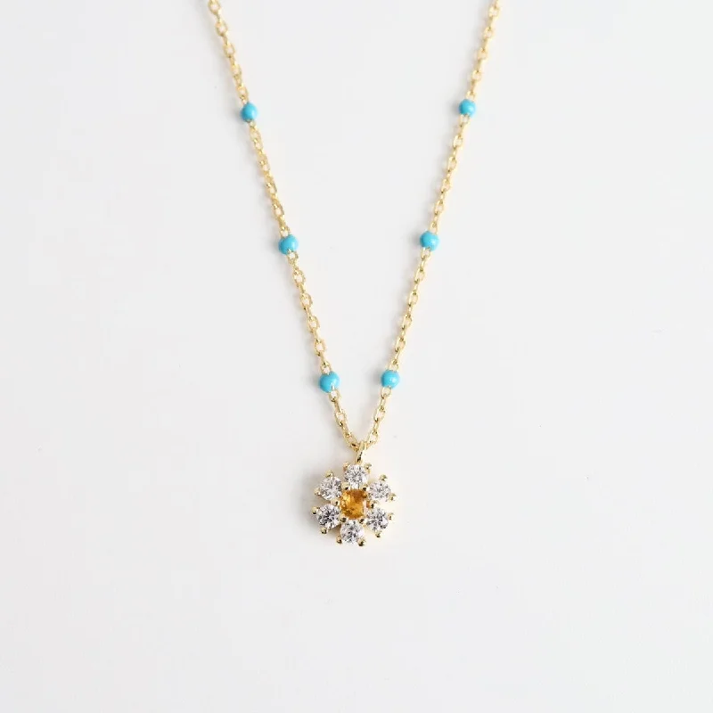 Turquoise Epoxy Chain with CZ Flower Necklace