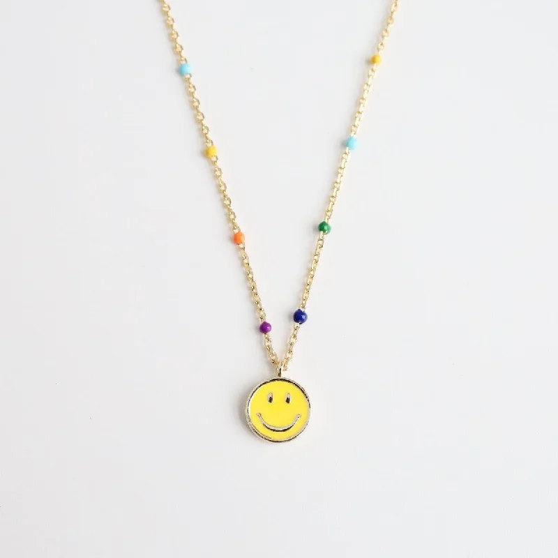 Rainbow Epoxy Chain with Yellow Enamel Smiley Face Necklace