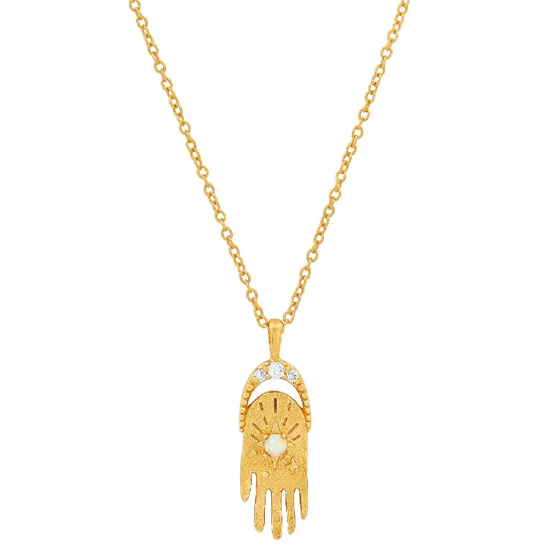 Hamsa Necklace with CZ and Opal Accents