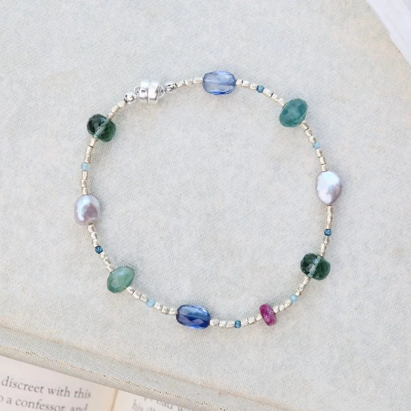 Glass Beads, Kyanite, Quartz, Pearl, Pink Sapphire Bracelet