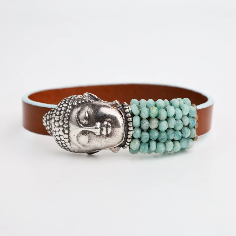 Hand Stitched Amazonite on Leather Bracelet with Buddha Clasp