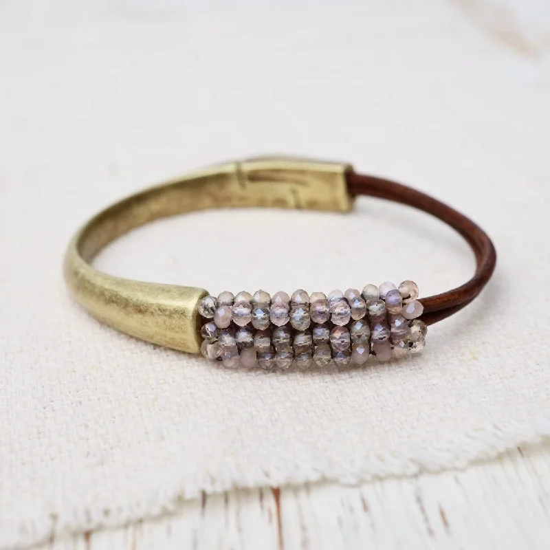 Hand Stitched Light Shell Pink Crystal & Leather Bracelet