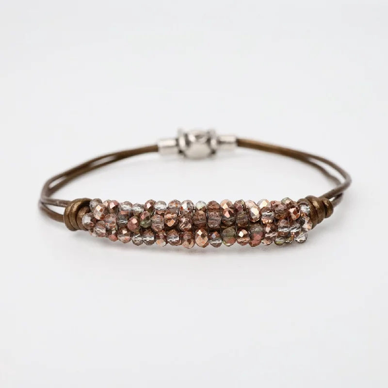 Hand Stitched Mixed Copper Crystals Leather Bracelet