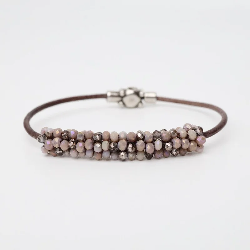 Hand Stitched Mix Pink & Pyrite Color Crystal Leather Bracelet