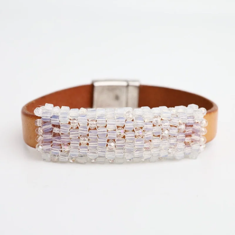 Hand Stitched Clear Crystals on Flat Natural Leather Bracelet