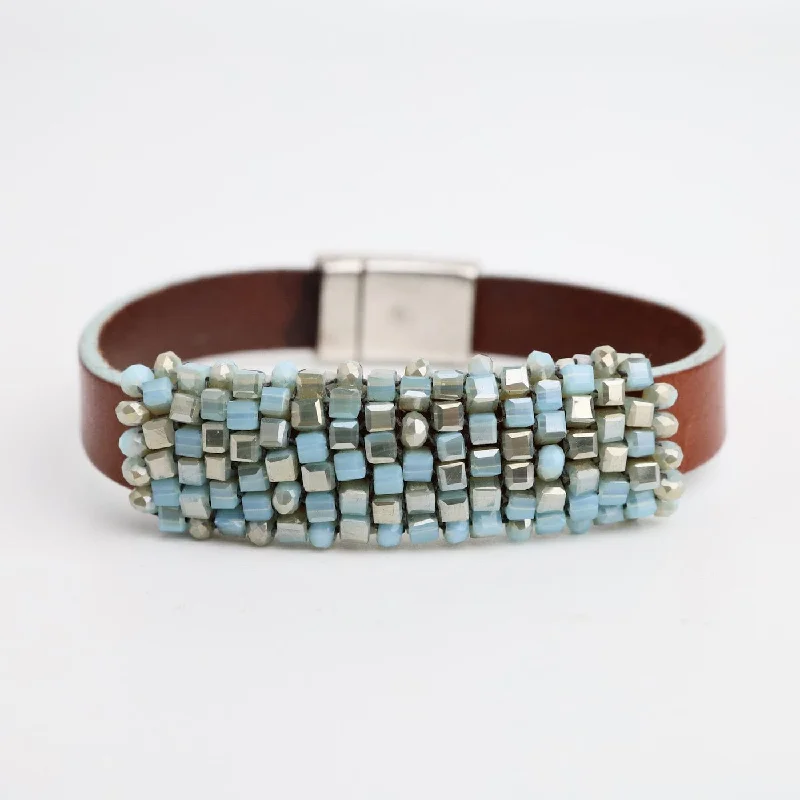 Hand Stitched Light Turquoise Cube Crystals on Leather Bracelet