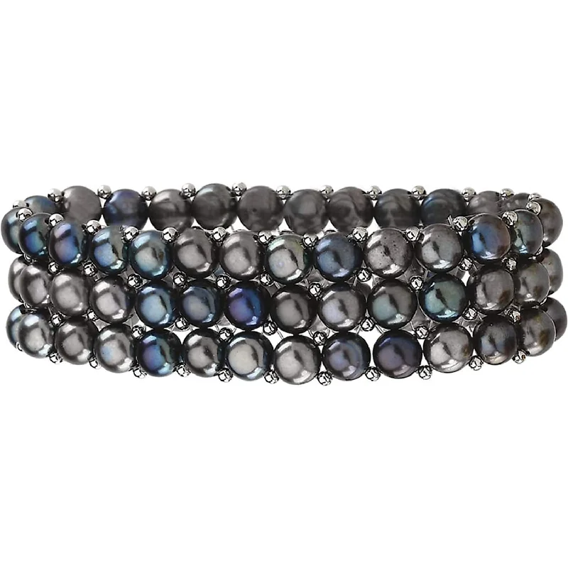 Dark Multi-Color Freshwater Cultured Pearl 3-Strand Stretch Bracelet, 6"-8" (5.5-6.0MM)