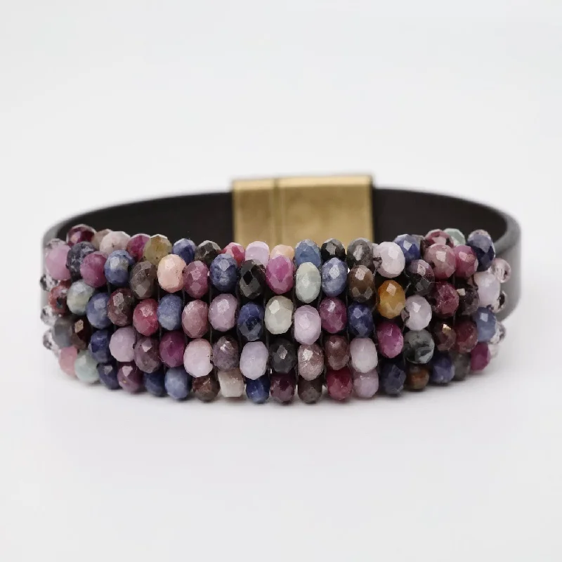 Hand Stitched Ruby, Sapphire Leather Bracelet