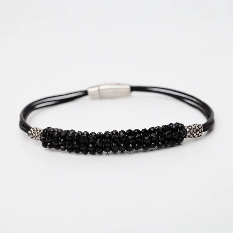 Hand Stitched Tiny Black Spinel Leather Bracelet