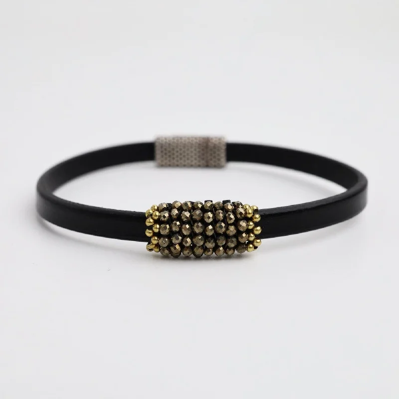 Hand Stitched Pyrite Leather Bracelet