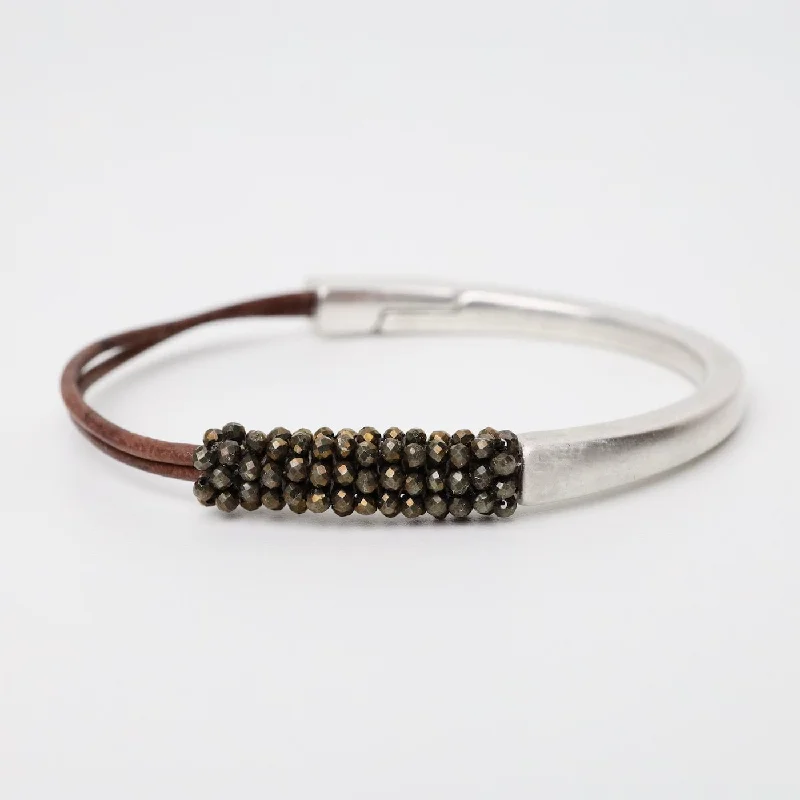 Tiny Pyrite On 2 Strands of Grey Leather Bracelet