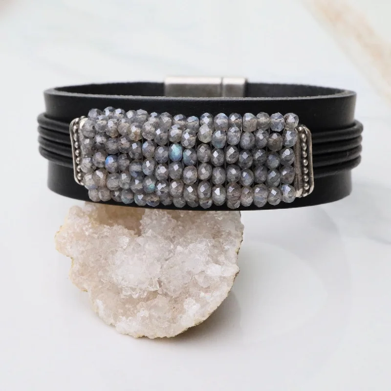 Hand Stitched Mystic Labradorite & Black Leather Bracelet