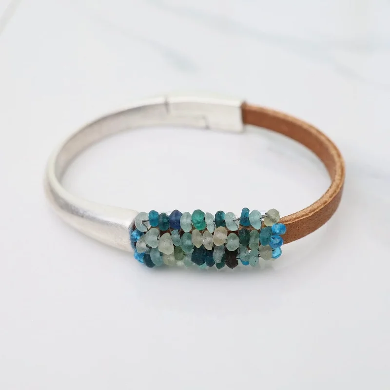 Hand Stitched Sea Glass with Apatite Trim Leather Bracelet