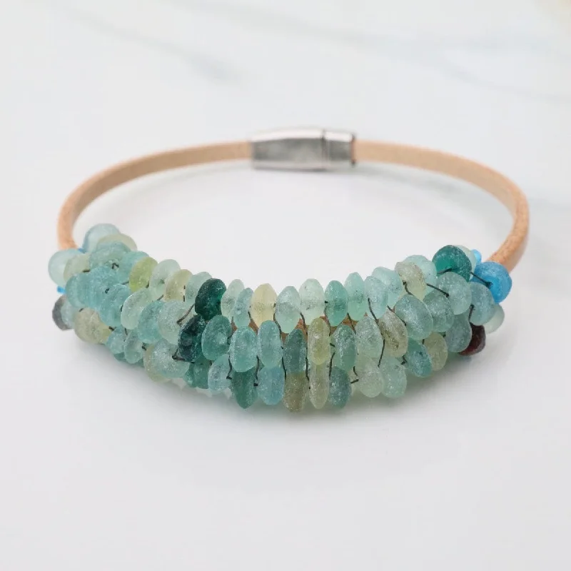 Sea Glass with Apatite Trim Leather Bracelet