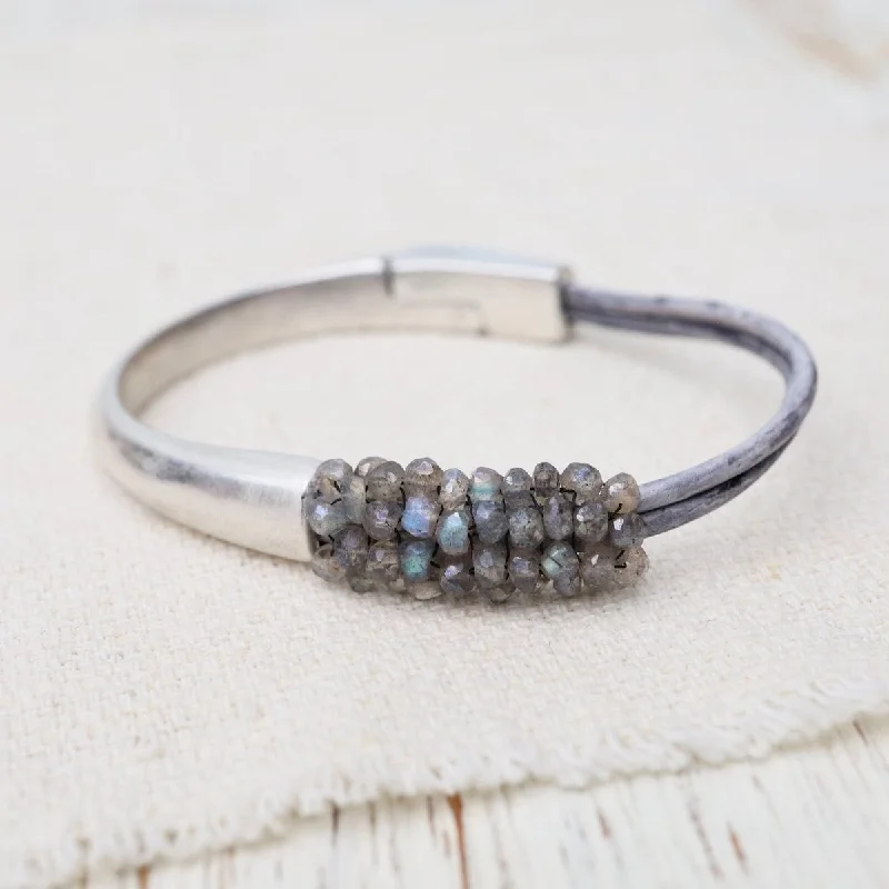 Hand Stitched Mystic Labradorite Rondelle Kumar Leather Bracelet