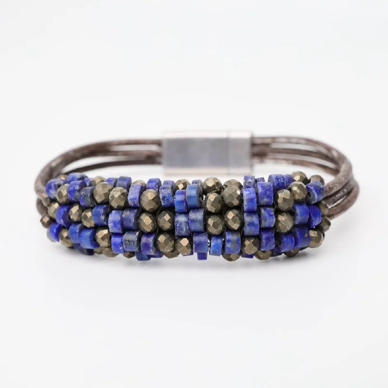 Hand Stitched Afghan Lapis & Pyrite Leather Bracelet