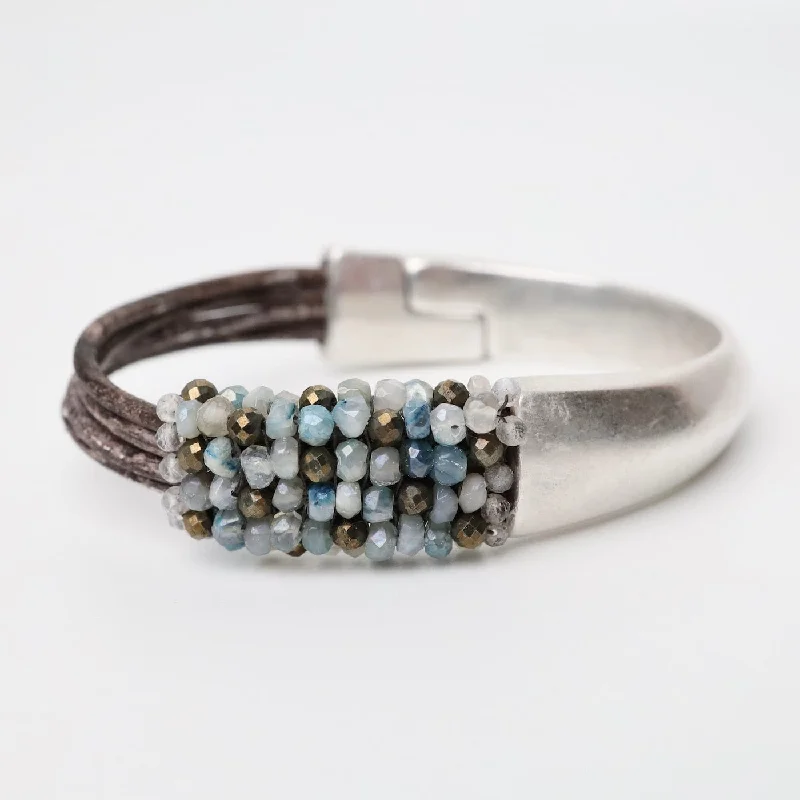 Hand Stitched Aqua Moonstone & Pyrite Half Cuff Bracelet