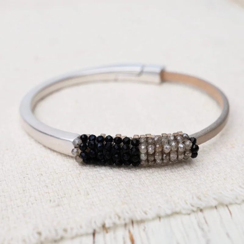 Hand Stitched Labradorite & Black Spinel Color Block Leather Bracelet