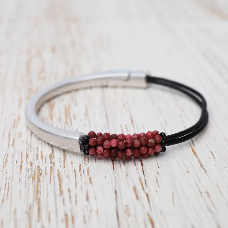 Hand Stitched Thulite Chrysocolla with Black Spinel & Leather Bracelet