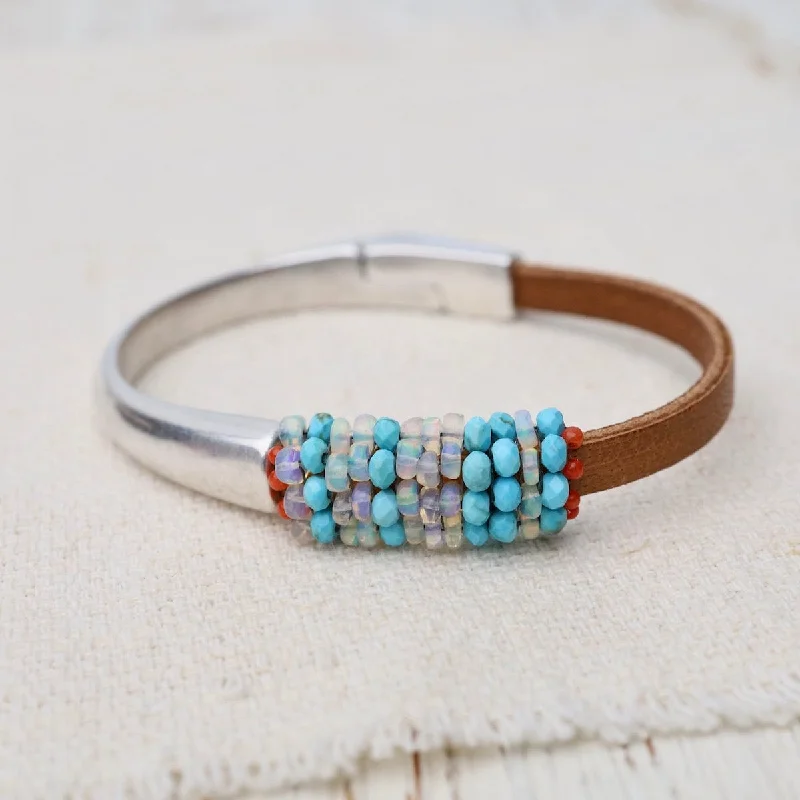 Hand Stitched Opal & Turquoise with Tiny Vintage Coral Leather Bracelet