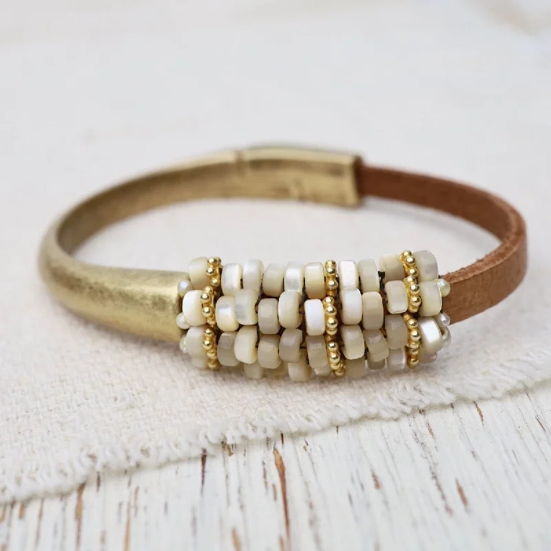 Hand Stitched Mother of Pearl, Vermeil, & Leather Bracelet