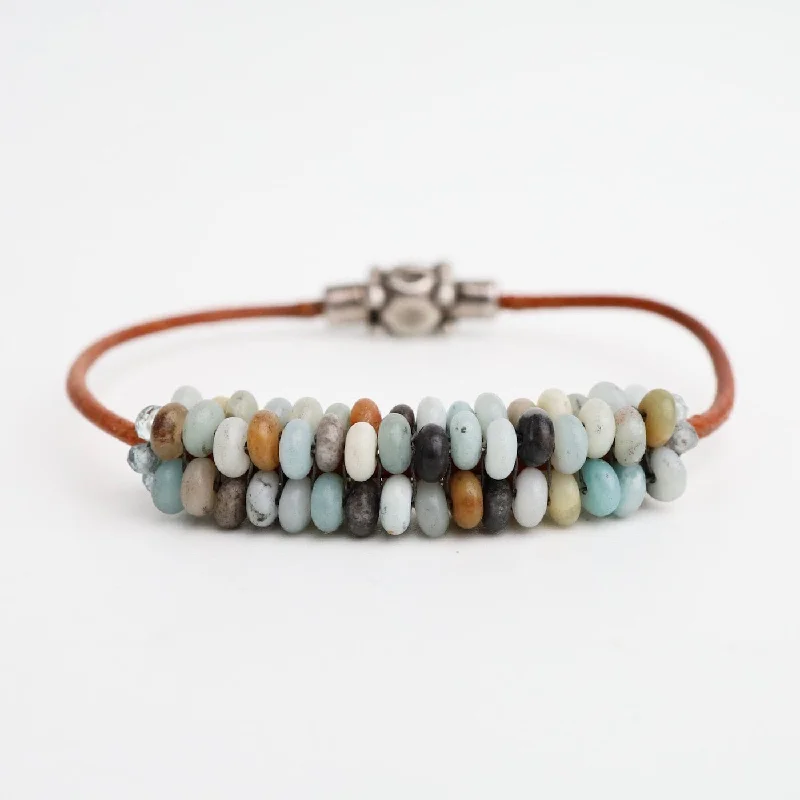 Hand Stitched Matte Amazonite on Natural Leather Bracelet