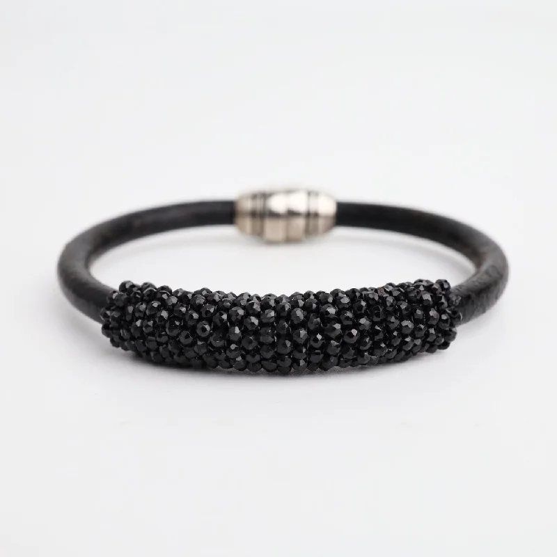 Hand Stitched Black Spinel & Leather Bracelet